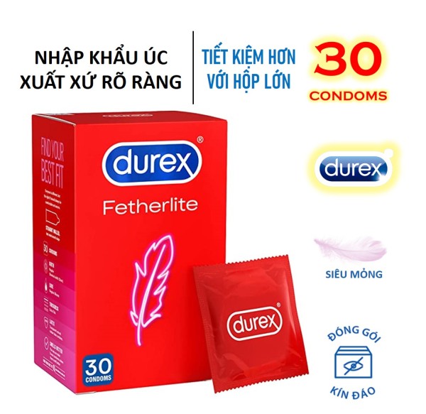 Bao cao su Durex Fetherlite Úc chính hãng, siêu mỏng - Hộp lớn 30 bao