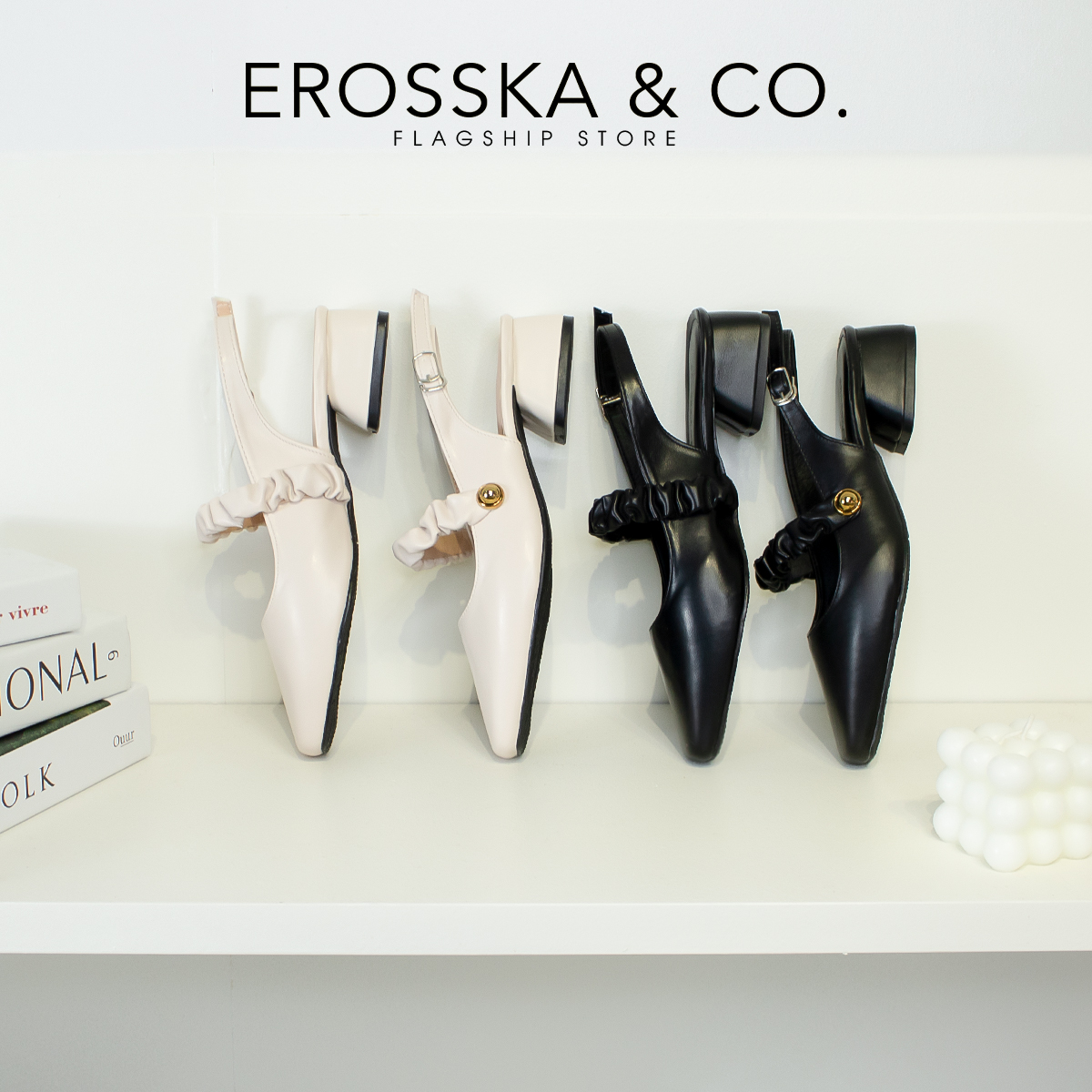 Giày cao gót Erosska quai ngang nhún ngọc cài hậu cao 3cm màu đen _ EL024