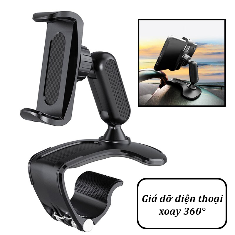 Kẹp điện thoại gắn trên bảng điều khiển đồng hồ xe ô tô, đế xoay 360 độ