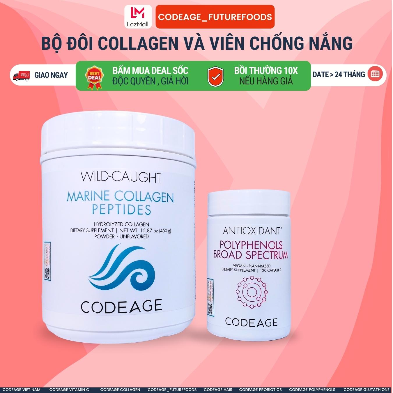 Combo Da Khỏe Săn Chắc, Chống Nắng Hiệu Quả Codeage Collagen Peptides +