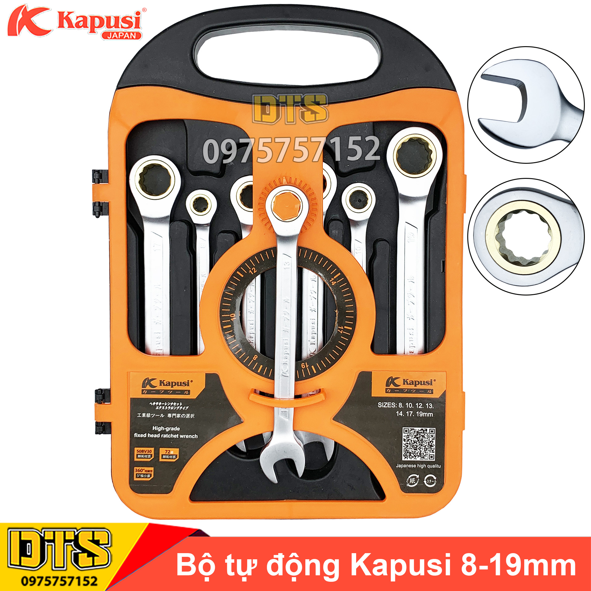 Bộ cờ lê tự động Kapusi Japan 8-19mm, thép CR-V chịu lực cao 50BV30, đầu tròng xoay bánh cóc 72 răng - Cờ lê vòng miệng tự động 360 độ, cờ lê bánh cóc, cờ lê tròng xoay, bộ chìa khóa tự động, Bộ cờ lê tạch, bo co le đảo chiều