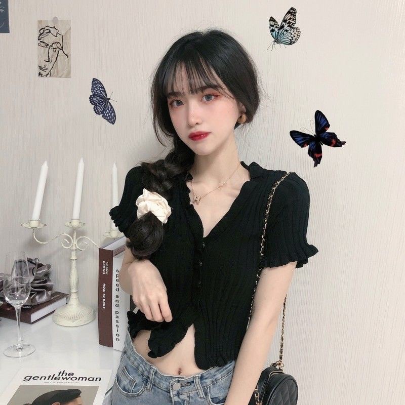 Áo croptop bèo ba nút thun gân tnc999
