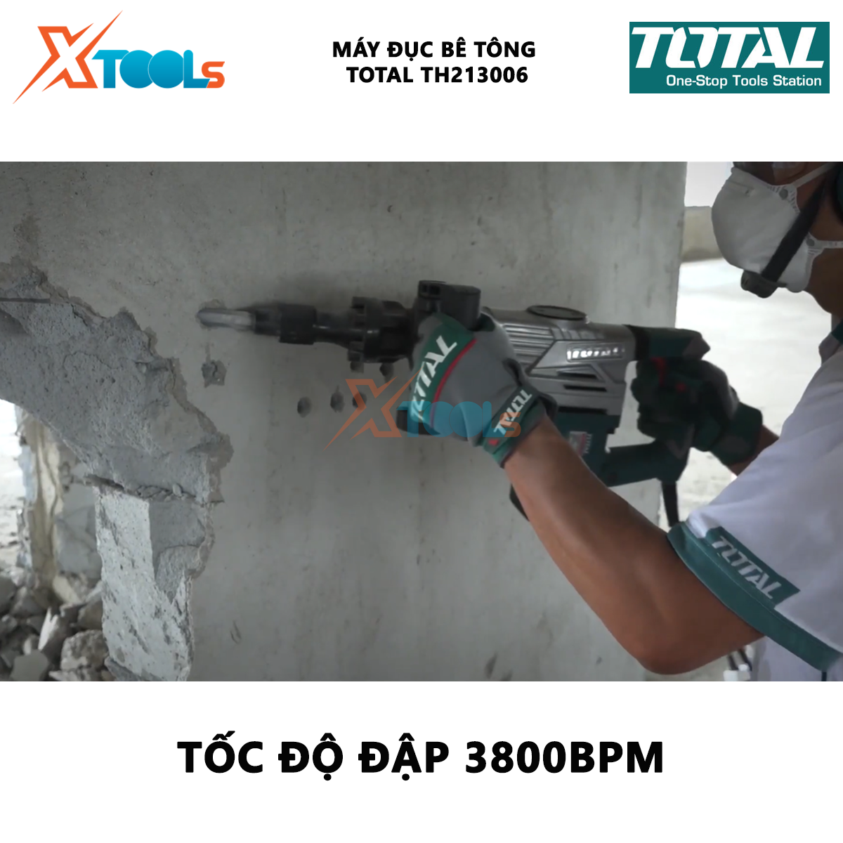 Máy đục bê tông TOTAL TH213006 | máy khoan đục công suất 1300W, tốc độ đập 3800 bpm, lực đập 20J vặn vít, đục tường, khoan bê tông