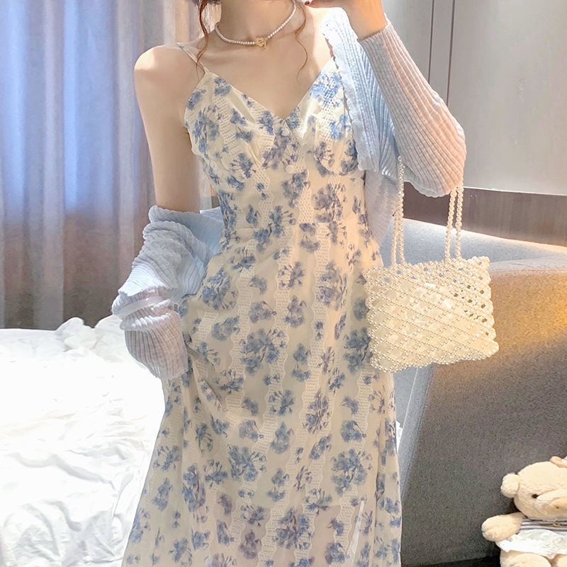 ELF TRIBE Chiffon Slip Dress for Women New Outfit French Floral Corset Dresses Knit Cardigan Set