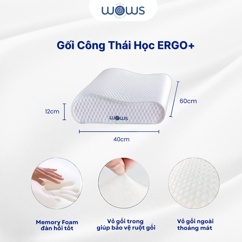WOWS - Gối Memory Foam Cao Cấp Ergo+ - Gối Công Thái Học Nâng Đỡ Cổ Vai Gáy - Thiết Kế Lượn Sóng