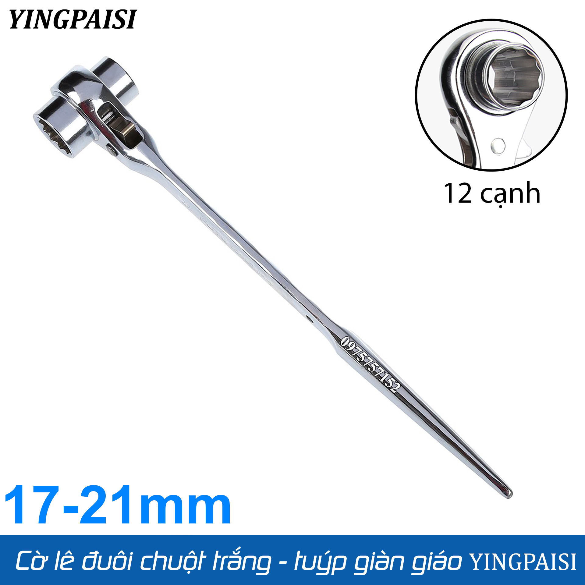 Cờ lê đuôi chuột trắng 17-21 mm, cờ lê giàn giáo tự động YINGPAISI thép trắng CR-V, tuýp giàn giáo đa năng 2 đầu, công tắc đảo chiều nhanh (Màu trắng)