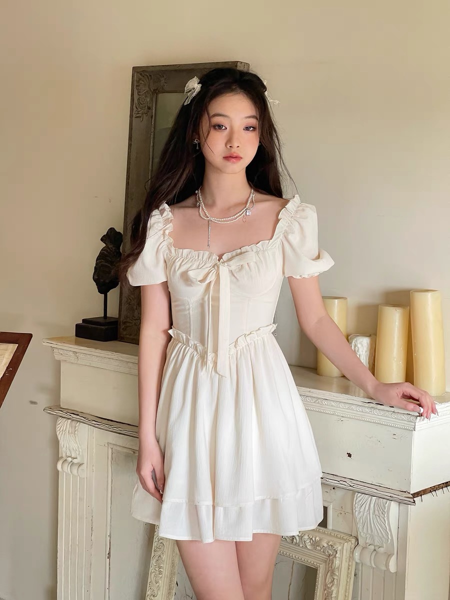 MS892 Váy đầm xòe thắt nơ 2 tầng tay bồng