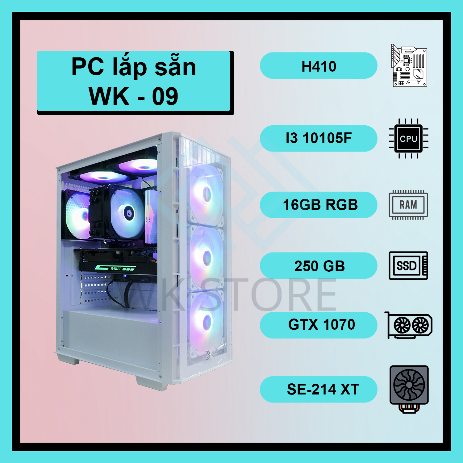 Thùng pc gaming wk-09 core i3 10105f, 16gb ram, vga gtx 1060/gtx 1070/rx 6600 mới