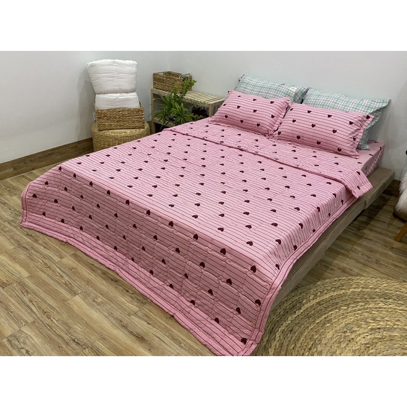 Trọn Bộ Chăn Ga Gối Hè Thu 5 Món Tim Kẻ