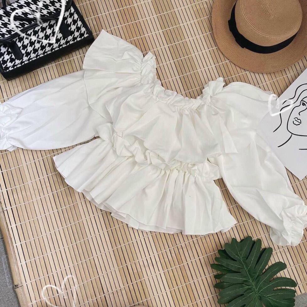 Áo crotop trễ vai bánh bèo tiểu thư áo trắng trần trễ vai màu trắng điệu đà