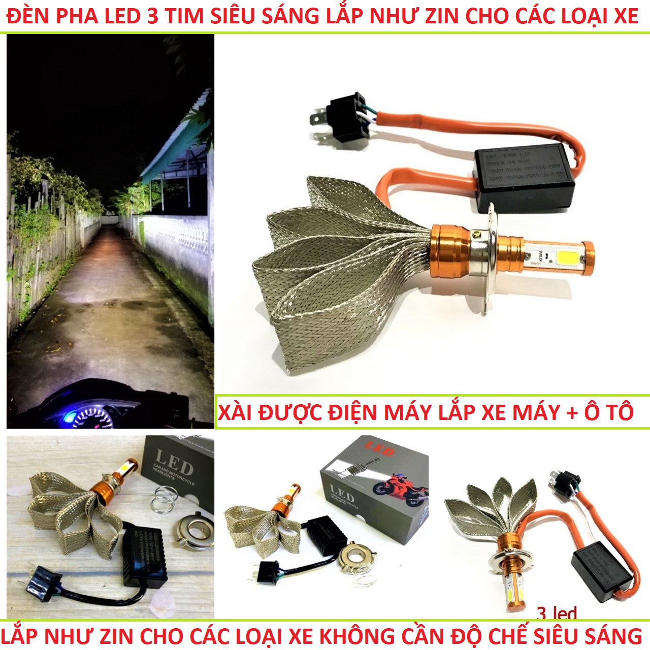 ĐÈN LED PHA XE MÁY SIÊU SÁNG 3 TIM CYT XÀI ĐIỆN MÁY LẮP NHƯ ZIN , ĐÈN PHA Ô TÔ + XE MÁY , DEN PHA LED XE MAY SIEU SANG, ĐỒ CHƠI XE MÁY , ĐÈN PHA XE MÁY , PHỤ KIỆN XE MÁY