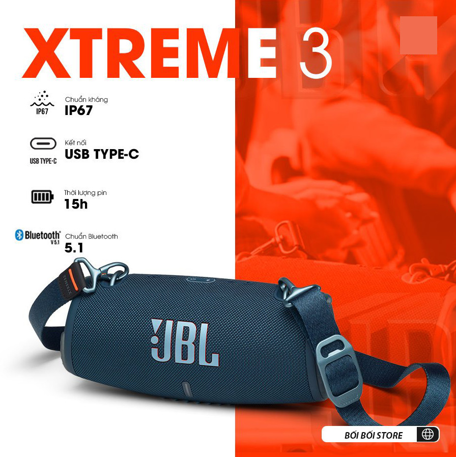 Loa Bluetooth JBL Xtreme 3 - Loa Nghe Nhạc, Karaoke Công Suất Lớn 40W - Loa Bass Mạnh, Treble Rời - Tích Hợp Giọng Nói - Bluetooth 5.1 - Kết Nối JBL Connect+ - Chống Nước, Chống Bụi IP67 - Thời Gian Chơi Nhạc Lên Tới 15h.