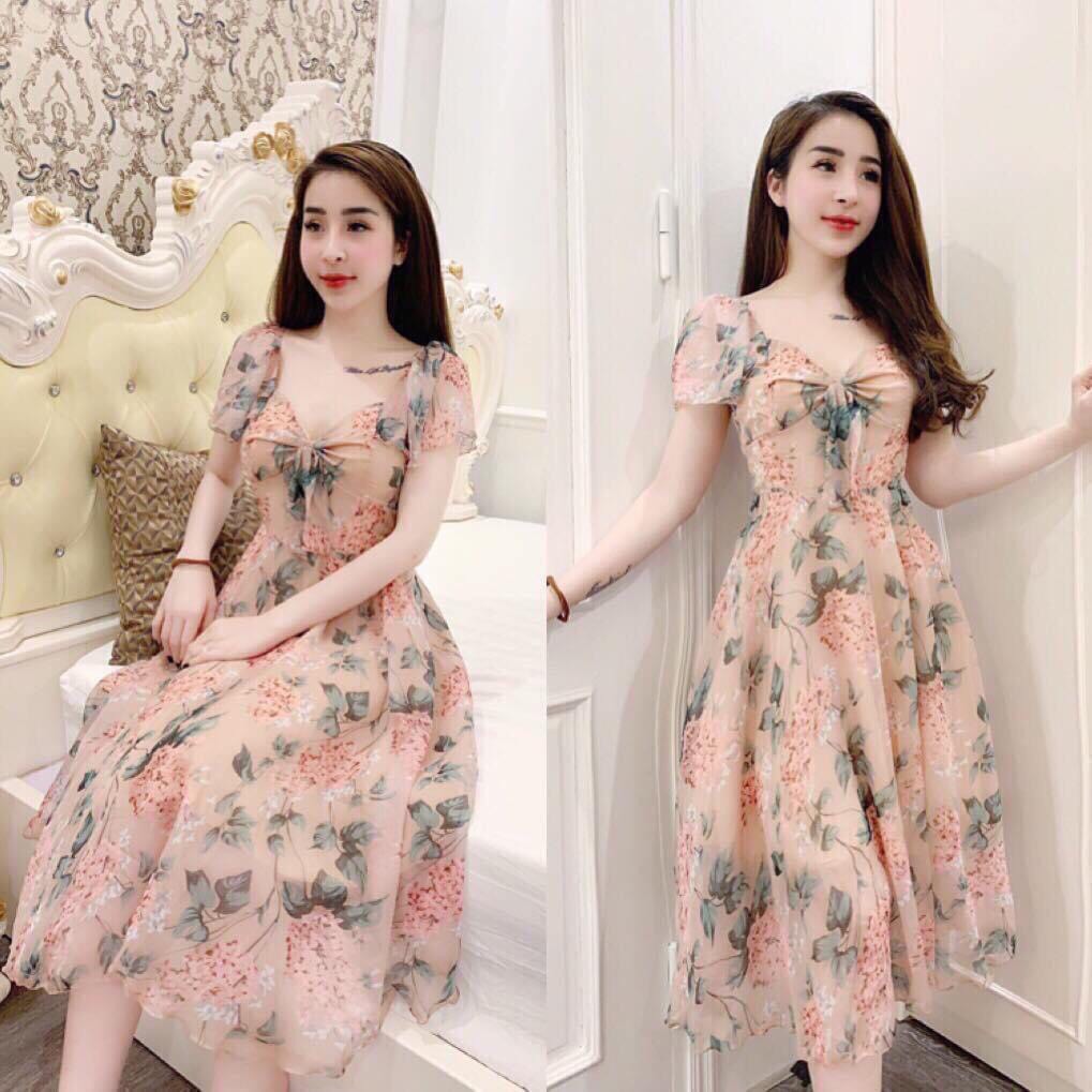 Đầm voan dáng dài thắt nơ thướt tha sang chảnh