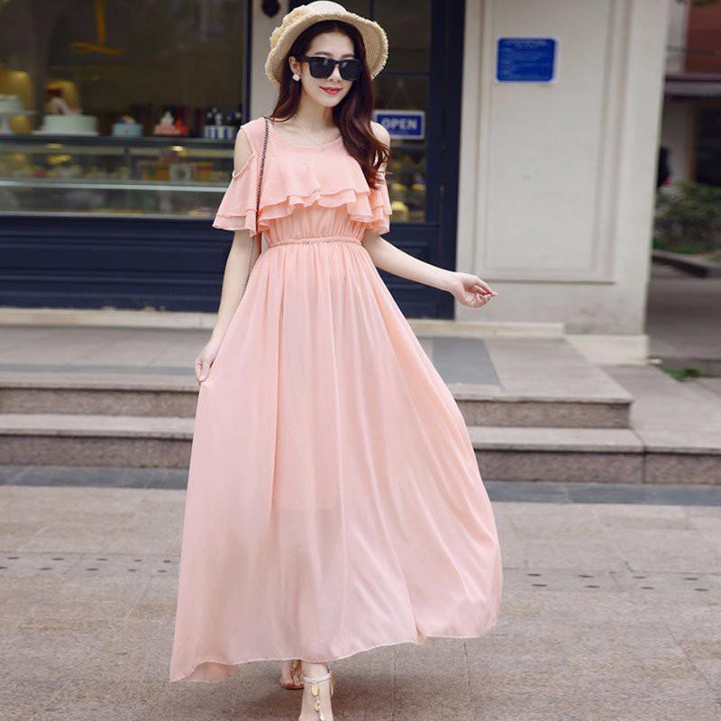 Đầm maxi rớt vai chiffon hồng dâu