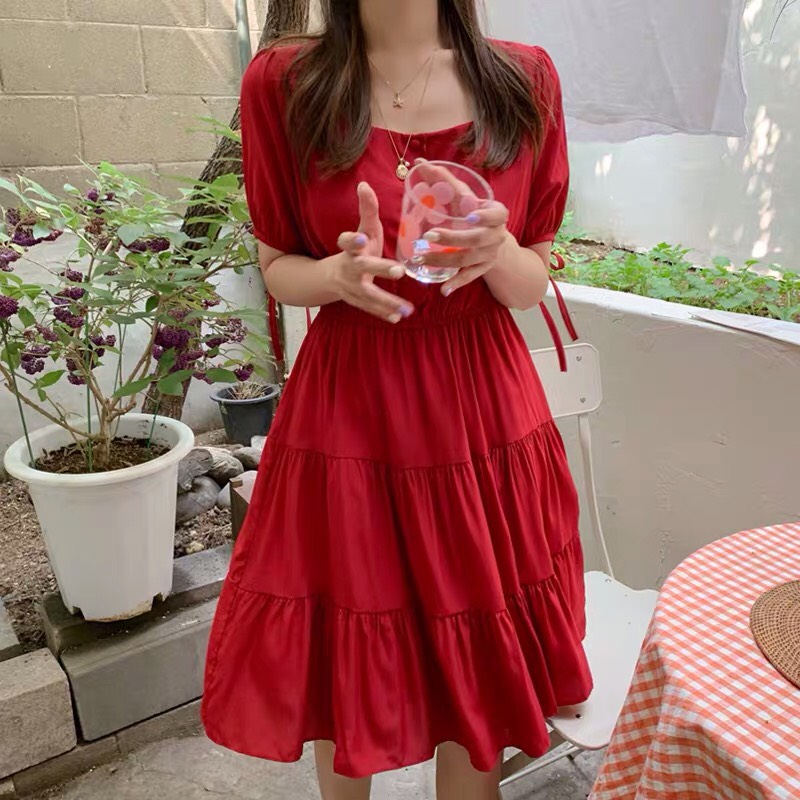 Đầm voan xòe bo eo phối nút đơn giản TTSA0144
