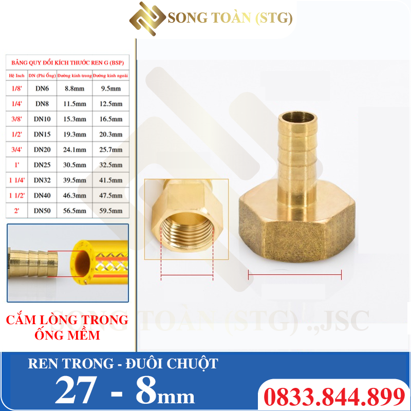 Đầu Nối Ren Trong 27 Đuôi Chuột Cắm Ống Mềm Lòng Trong Đồng Brass Barbed Hose Fitting