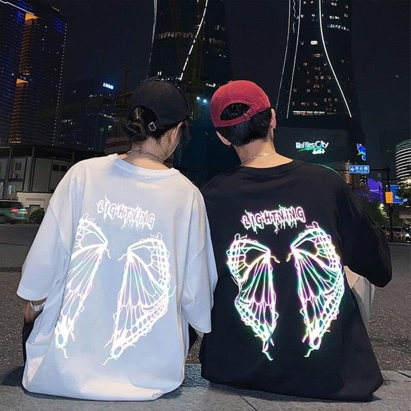 Áo phông tay lỡ unisex phản quang 7 màu đôi cánh bươm LIGH Kt