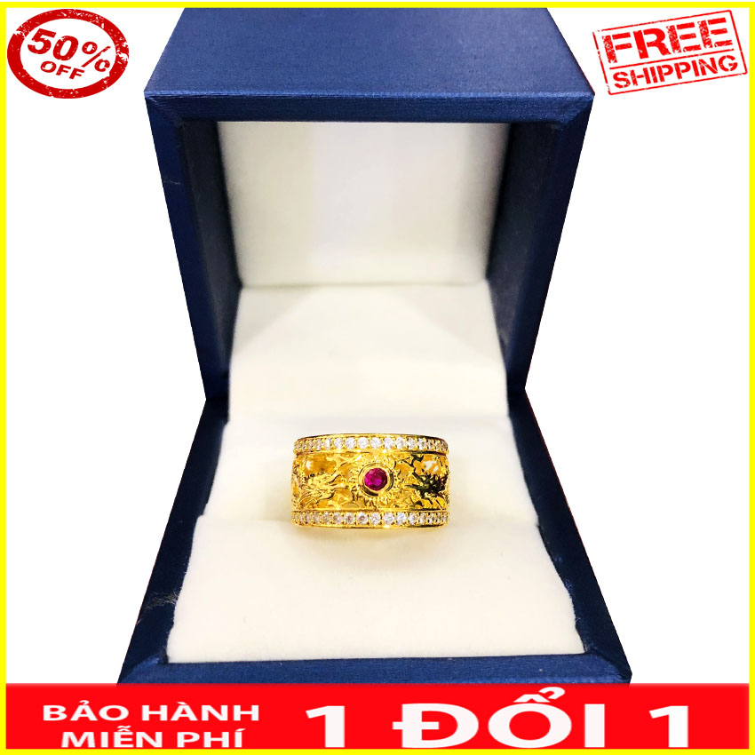Nhẫn nam mạ vàng 18k khắc họa tiết rõ nét 2 con rồng 2 bên - caraven silver