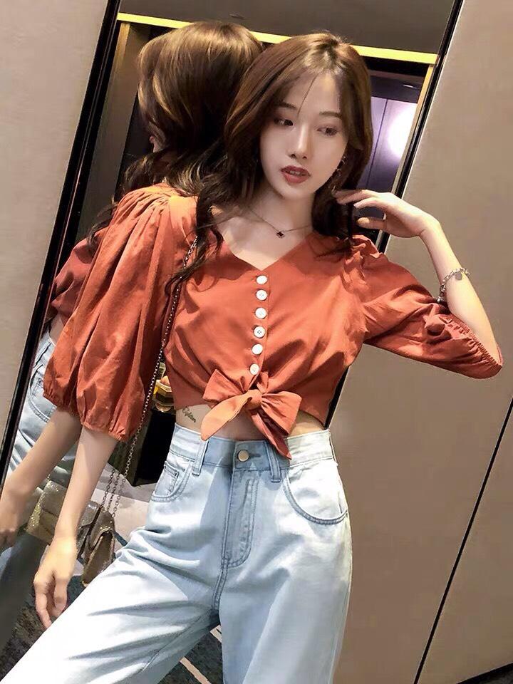 Áo Voan Kiểu Cổ V Tay Lỡ Phối Dây Buộc Nơ Bụng Phong Cách Mới TTS0750