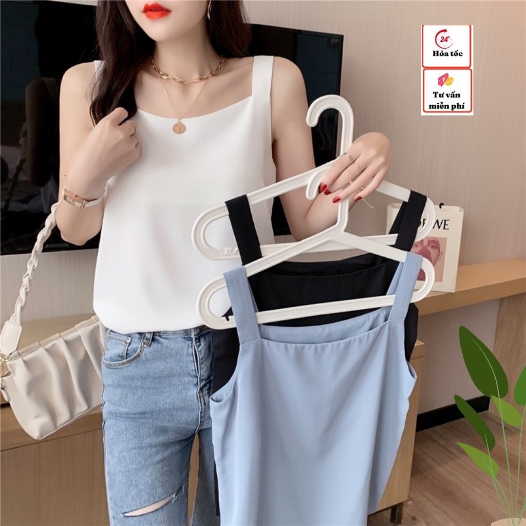 Áo hai dây lụa cổ vuông từ 46-64kg- Áo nữ lụa satin cao cấp mặc trong vest Blazer- Freesize- Oa Shop Hi