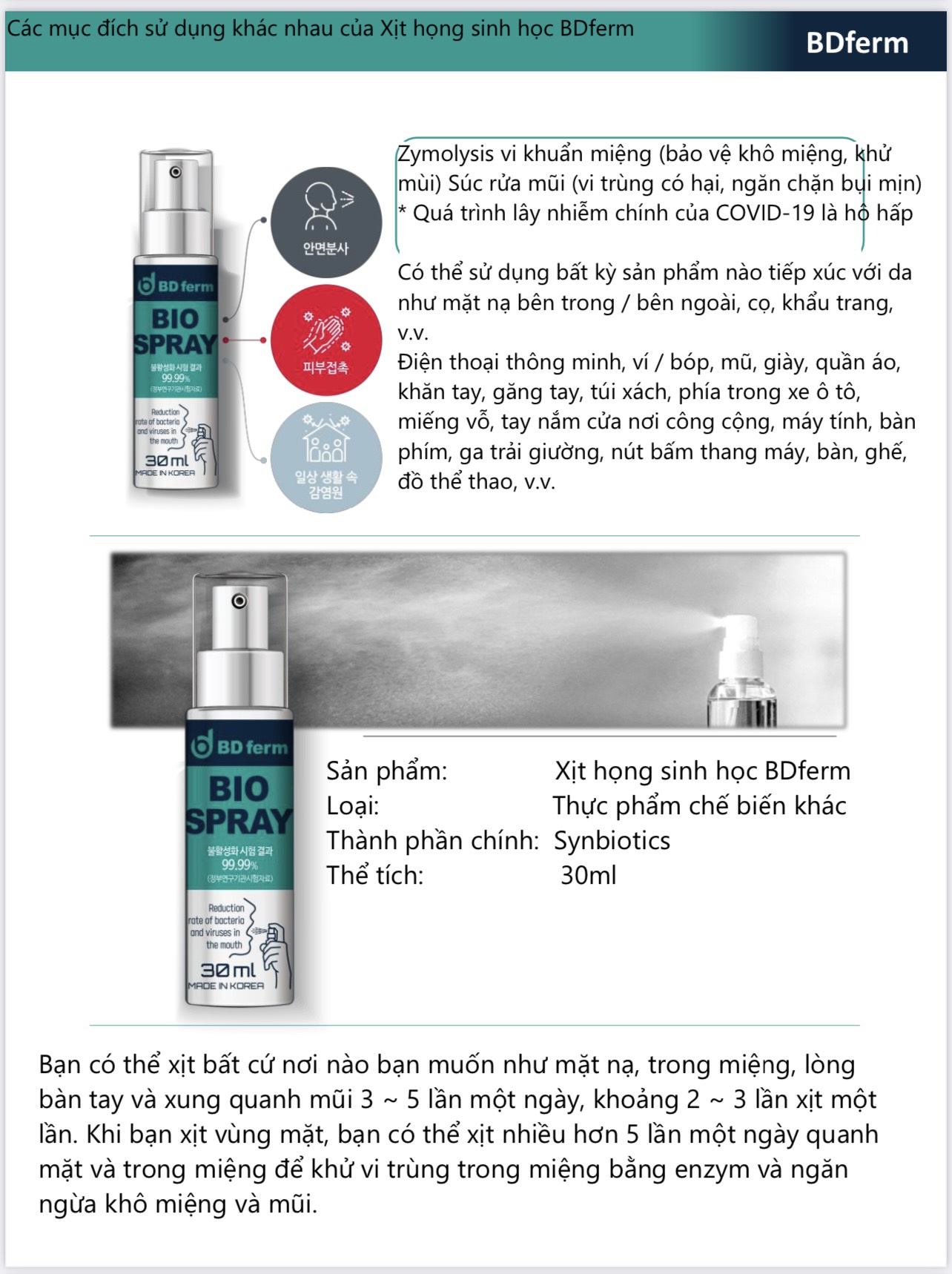 Xịt họng kháng khuẩn sinh học BDFERM BIO - SPRAY