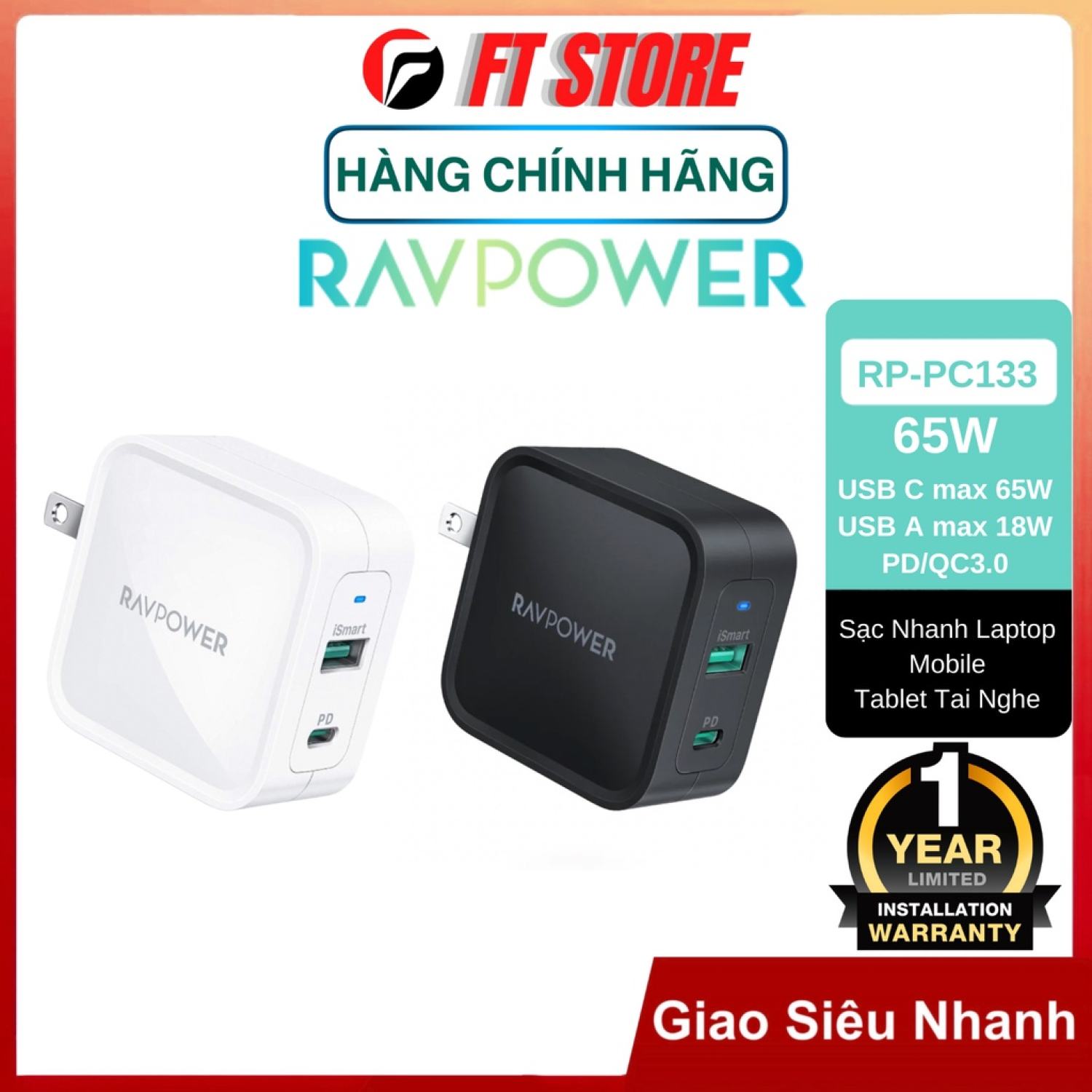 Củ sạc ravpower 2 cổng - 65w pd rp-pc133/rp-cpcn002 bh12th