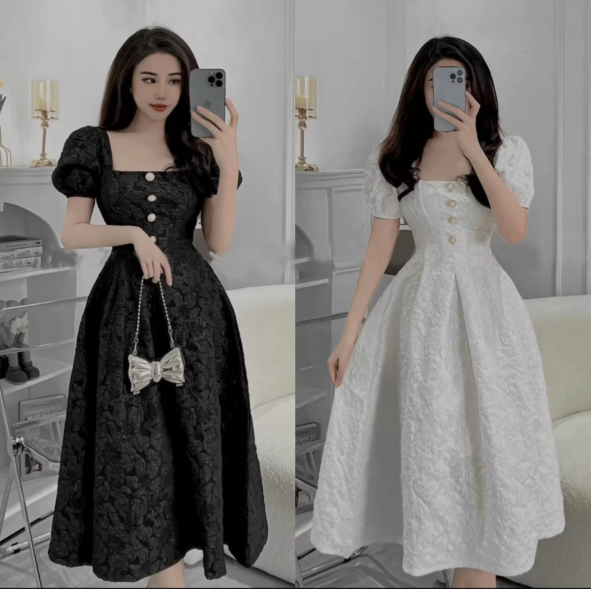 Đầm cổ vuông xếp li tiểu thư sang chảnh