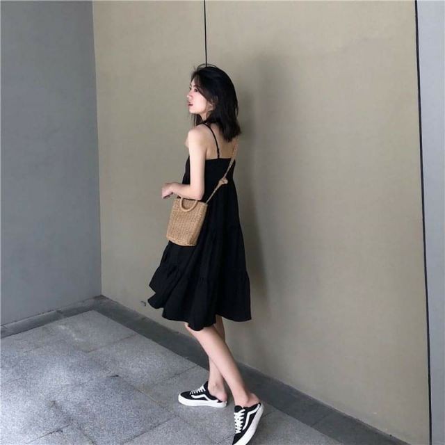 Đầm Maxi Đen Nữ 2 Dây Hở Lưng