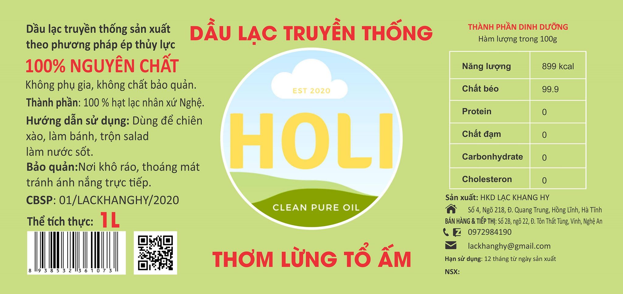 Dầu lạc nguyên chất ép lạnh Holi 1L