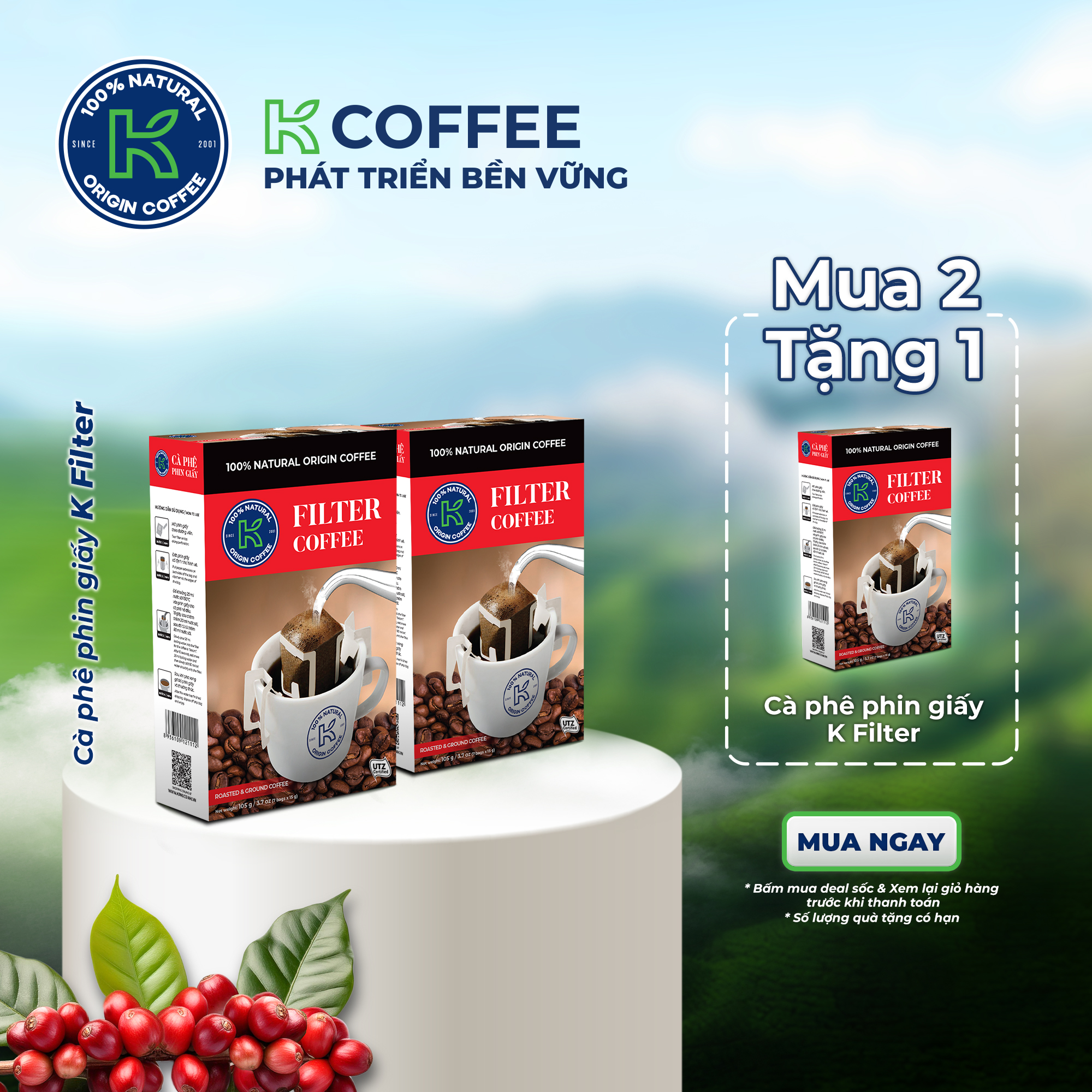 [COMBO MUA 2 TẶNG 1] Date 11/2026 Cà Phê Phin Giấy K Coffee Nguyên Chất Arabica & Robusta K Filter 105G (Hộp 7 Gói x 15G)