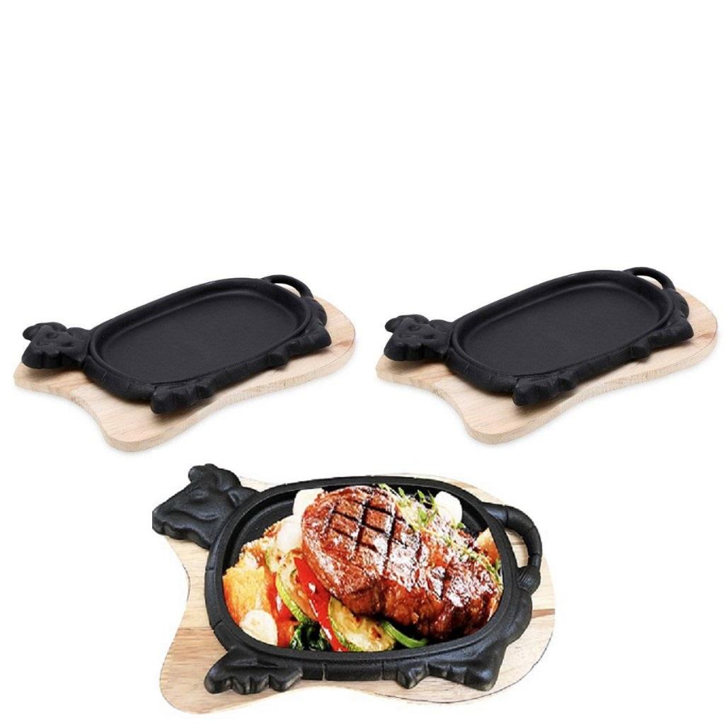 Bộ 2 chảo gang chống dính dùng cho tất cả các loại bếp,bếp ga,bếp từ,bếp than có đế gỗ làm bò bít tết Dragon