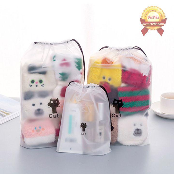 Túi zip chống nước trong suốt đựng mỹ phẩm giày dép quần áo  Túi dây rút chery , mèo, xương rồng