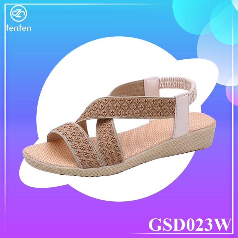 Giày Sandal Nữ Bế Bệt Quai Thun Co Giãn Họa Tiết Thổ Cẩm GSD023W (Nâu) - Tenten giá rẻ