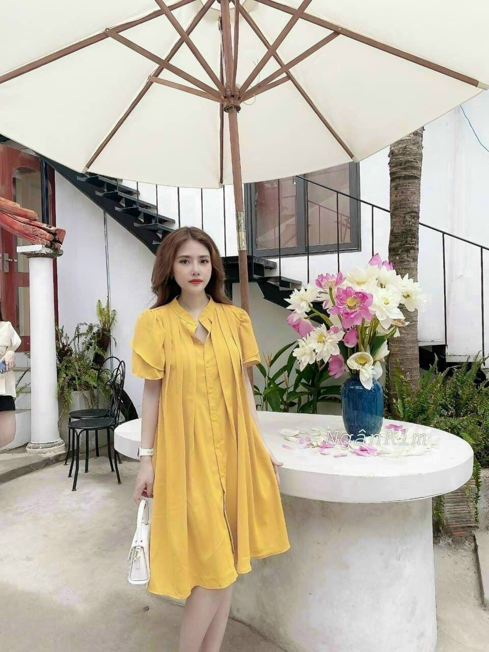 Đầm xoè dập ly cổ sơ mi xinh lung linh