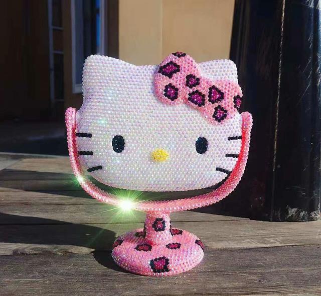 Cartoon Hello Kitty Vanity Mirror Shiny Rhinestones Beauty Mirror Portable Desktop Mirror Hand set Diamond Festival Girl Gifts