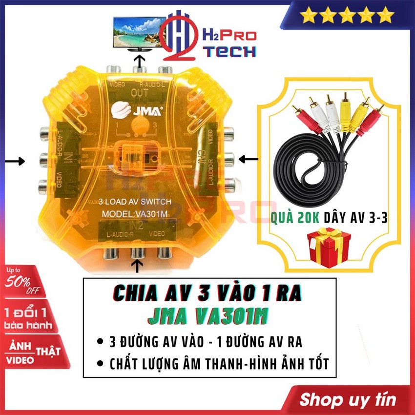 Bộ Chia AV 3 Vào 1 Ra, Bộ Chia Tín Hiệu Âm Thanh JMA VA301M Cao Cấp, Âm Thanh Ra Tốt-Quà 20K Dây AV 3-3-H2Pro Tech