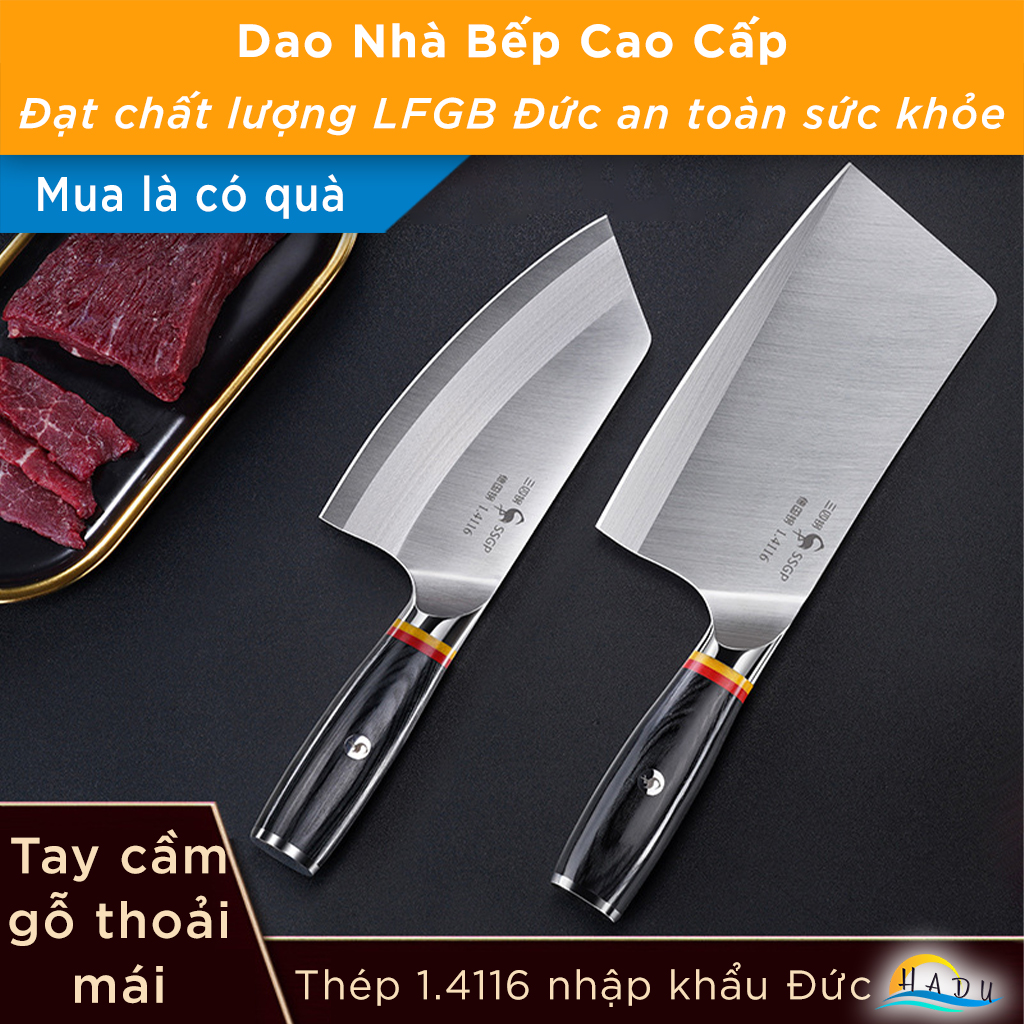 Dao Bếp Thép Đức 1.4116 SSGP (Độ Cứng 58HRC), Gồm Dao Thái Thịt và Dao Chặt Xương Siêu Bén, Lưỡi Mài Góc 15 Độ, Cán Gỗ, Cao Cấp Đạt Chất Lượng LFGB Đức