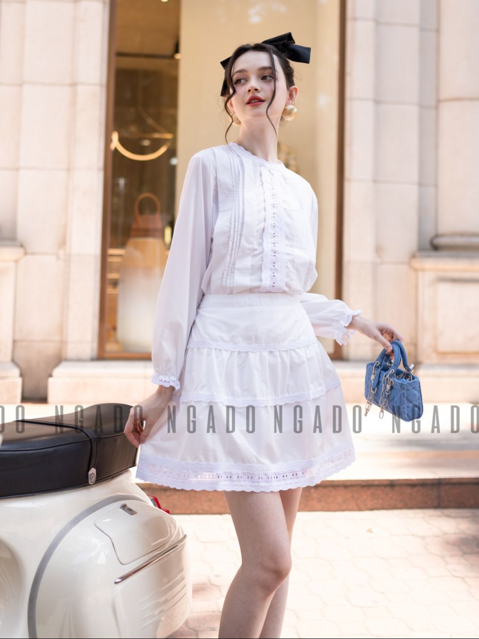 Set áo váy phối ren dài tay NGADO