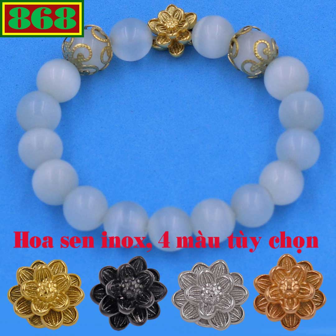 Vòng chuỗi đeo tay đá mắt mèo trắng charm hoa sen inox và 4 khía bông, vòng tay chuỗi hạt, vòng tay phong thủy, charm bông sen