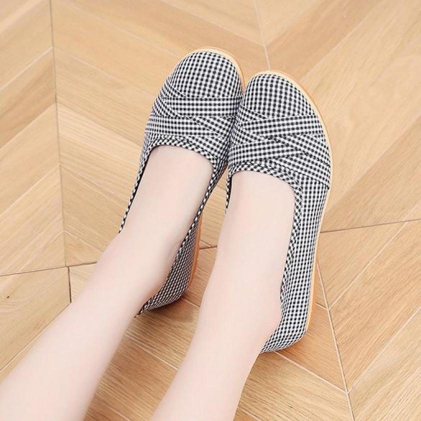Giày búp bê vải caro đế bằng 2cm đi bộ cực êm chân V189 giá rẻ