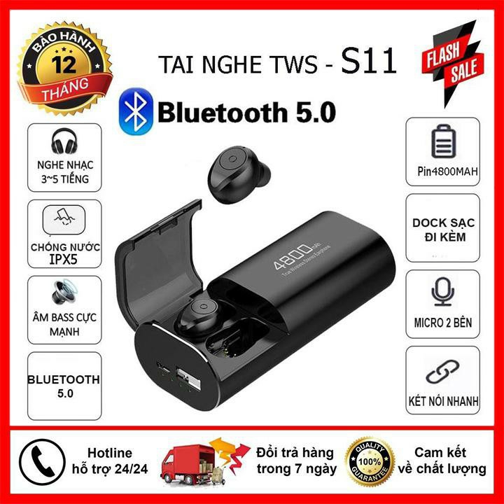 Tai Nghe Bluetooth Amoi TWS S11 Bản Nút Bấm Pin 4800mah, Chip 5.0, Có Micro, Chống Ồn, Chống Nước, Giảm Tạp Âm - Tai nghe nhét tai mini f270 - Tai nghe bluetooth không dây hay hơn i11, i12, i7s, amoi f9 - Tai Nghe Bluetooth Pin Trâu