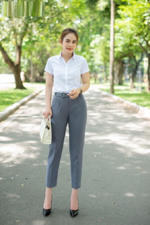 Áo sơ mi CỘC TAY trơn màu trắng thanh lịch trẻ trung cho nữ