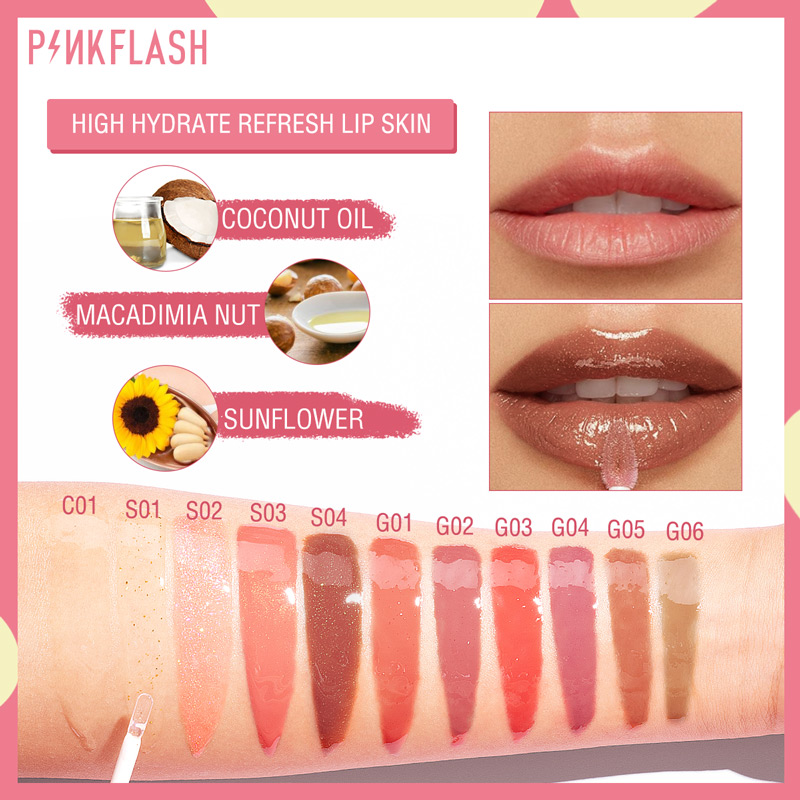 PINKFLASH son nội địa trung OhMyGloss Dưỡng ẩm Cao Shine & Shimmer Bóng lâu trôi Không thấm nước Không làm khô Son bóng căng mọng liptint