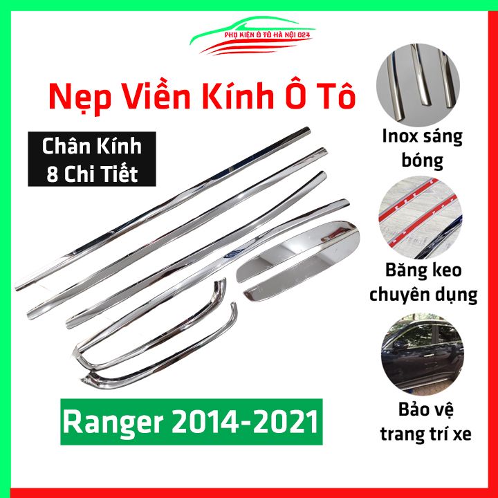 Bộ nẹp viền chân kính ô tô Ranger 2014-2019 Inox sáng bóng chuẩn form, trang trí bảo vệ xe hơi