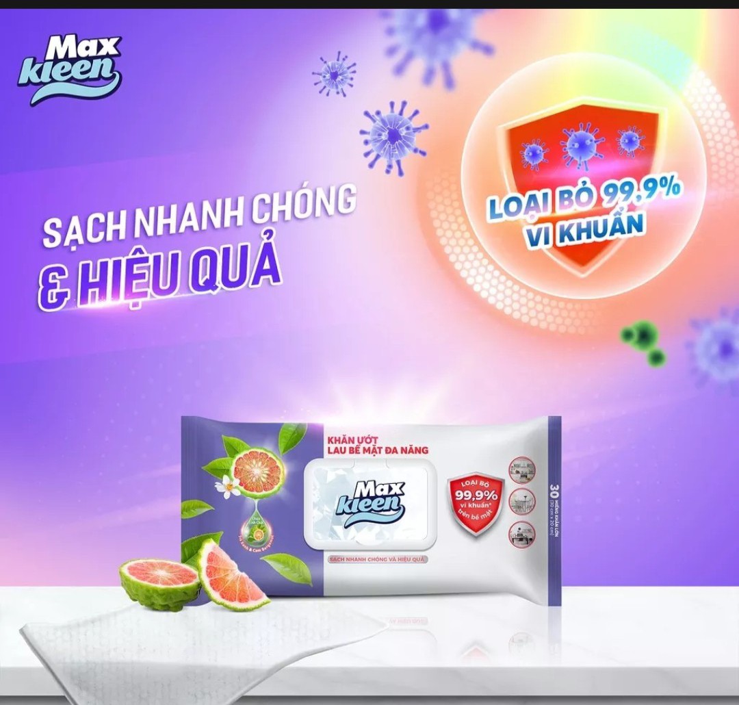 Maxkleen - Khăn Ướt Lau Bề Mặt Đa Năng Maxkleen (Bịch 30 miếng)