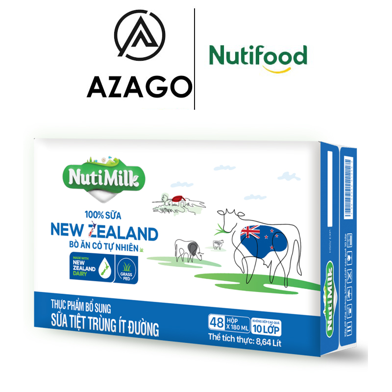 Thùng 48 Hộp NutiMilk 100% Sữa New Zealand Bò ăn cỏ tự nhiên Ít đường 180ml TU.NZSID180AZ - Thương Hiệu NUTIFOOD - AZAGO