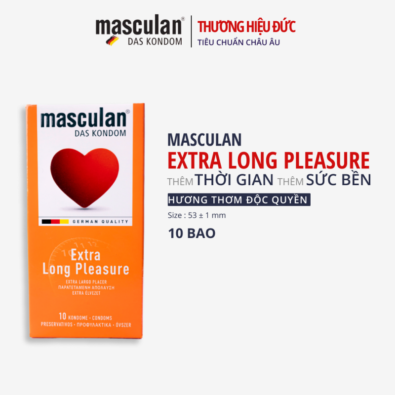 Hộp 10 cái Bao cao su Masculan Extra Long Pleasure kéo dài thời gian, cao cấp, gân và hàng trăm chấm hạt , bao cao su không mùi cao su bán chạy nhất tại Đức