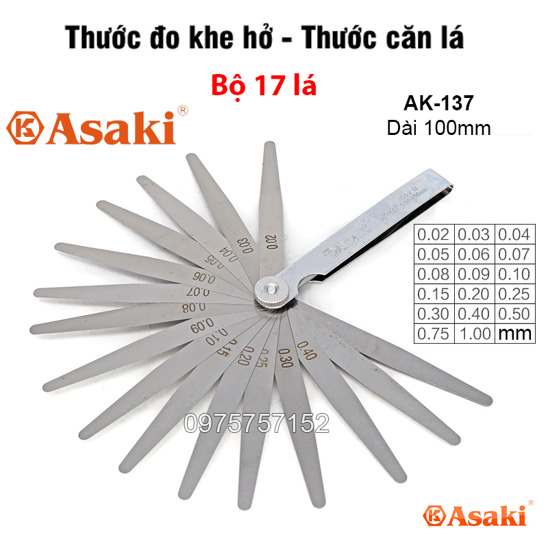 Bộ thanh thước căn lá 17 miếng chính hãng Asaki - Thước đo khe hở đủ size AK-137 AK-139 AK-141 AK-142, thước lá dưỡng đo độ dày thép INOX lò xo đàn hồi, thước lá canh khe hở chỉnh cò xupap, thước nhét, thước lá căn đo khe hở