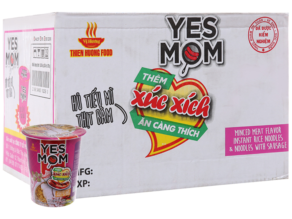 Thùng 24 ly hủ tiếu mì Yes Mom thịt bằm 76g (có cây xúc xích thật)