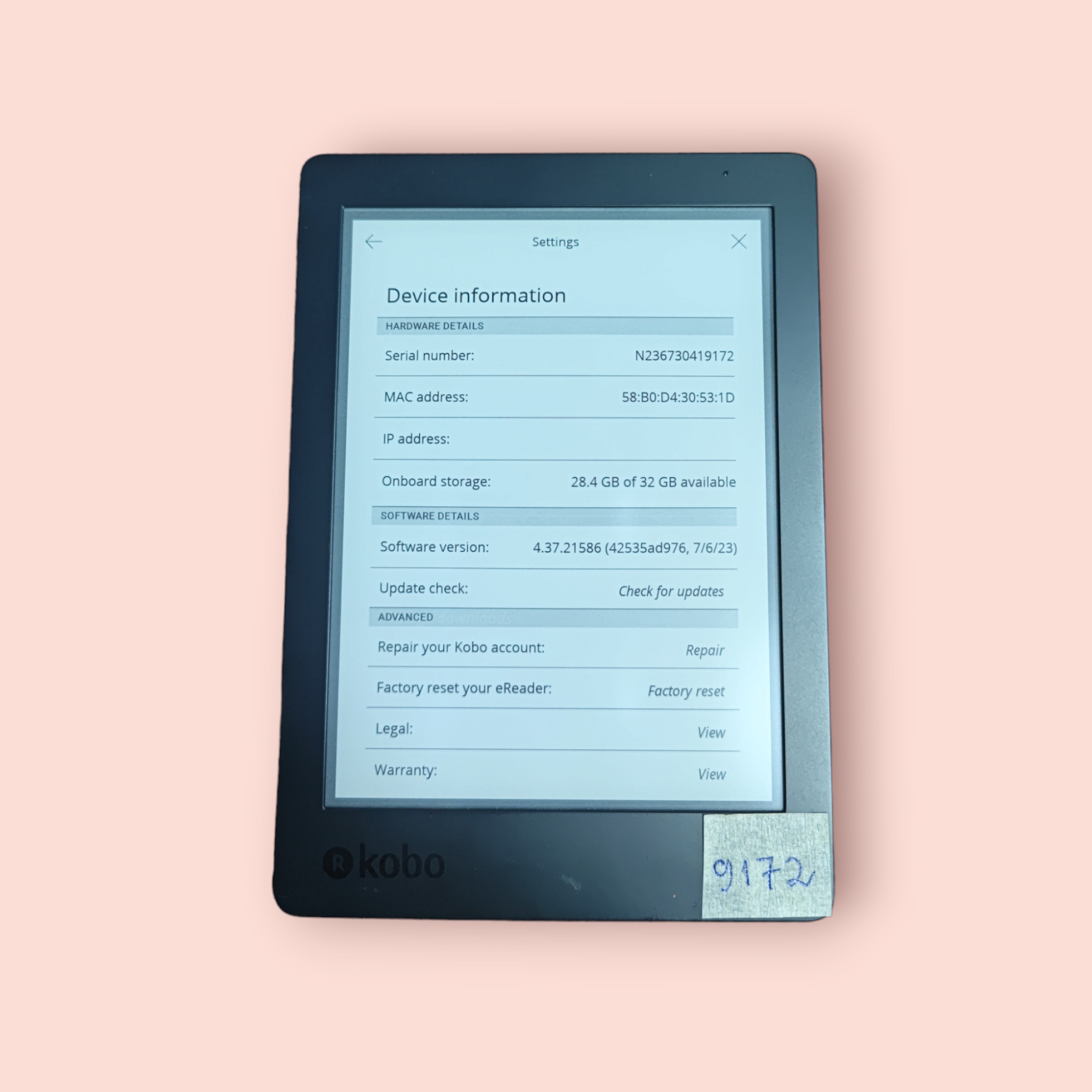 Máy đọc sách điện tử kobo aura edition 2 - 32gb - màn đẹp - đã cài koreader, từ điển ms: 9172